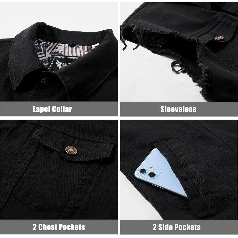 JYG Denim Vest for Men Casual Lapel Trucker Jeans Vests Fashion Vintage Sleeveless Vest (Medium, Black) - Image 4